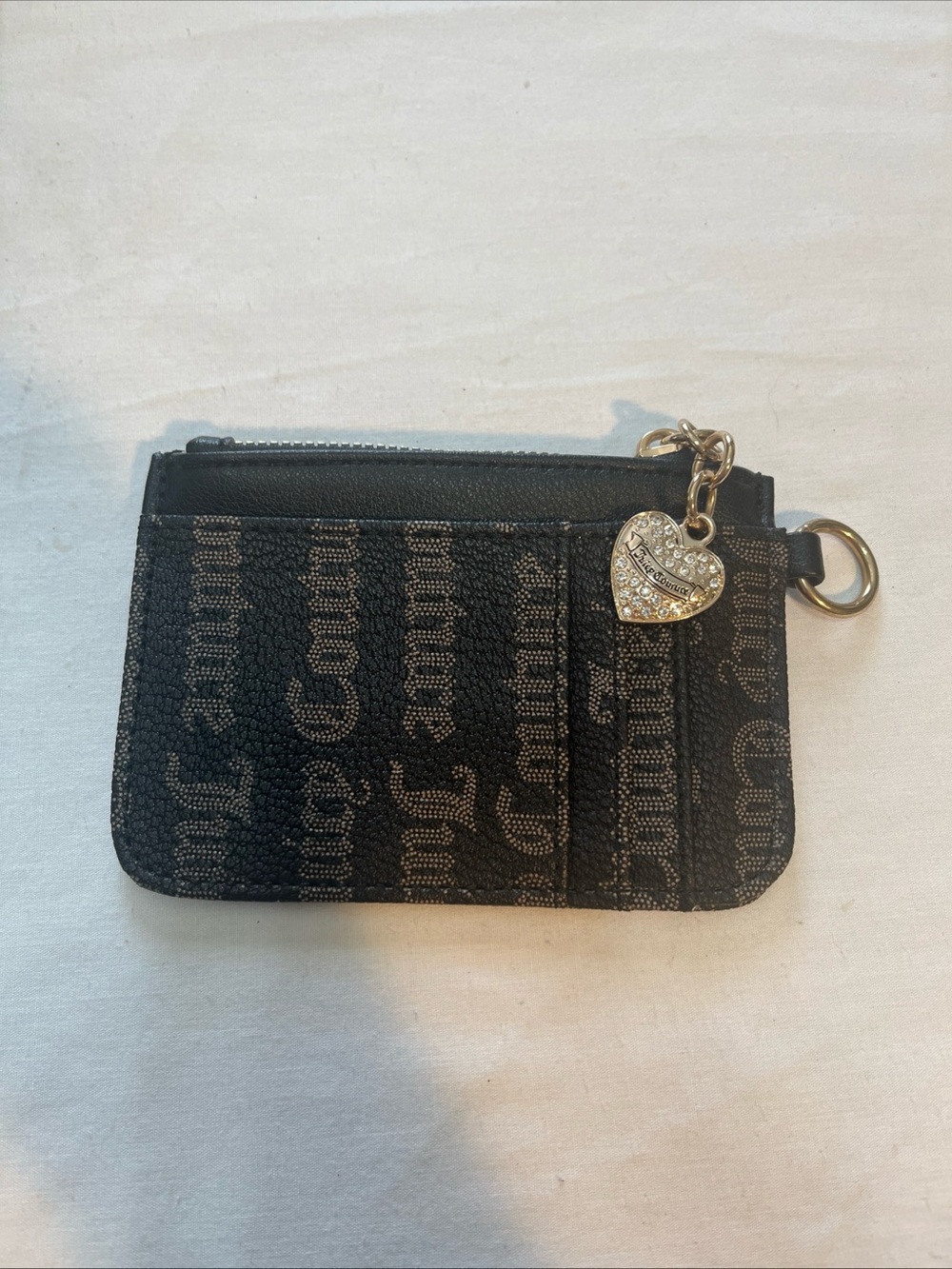 Juicy Couture Black Signature Wristlet Card Case with Gold Heart Charm